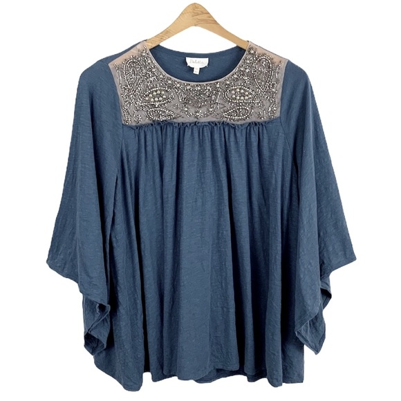 Anthro Deletta Slate Beaded Embellished Wide Flare Sleeve Swing Blouse Top - Picture 5 of 15